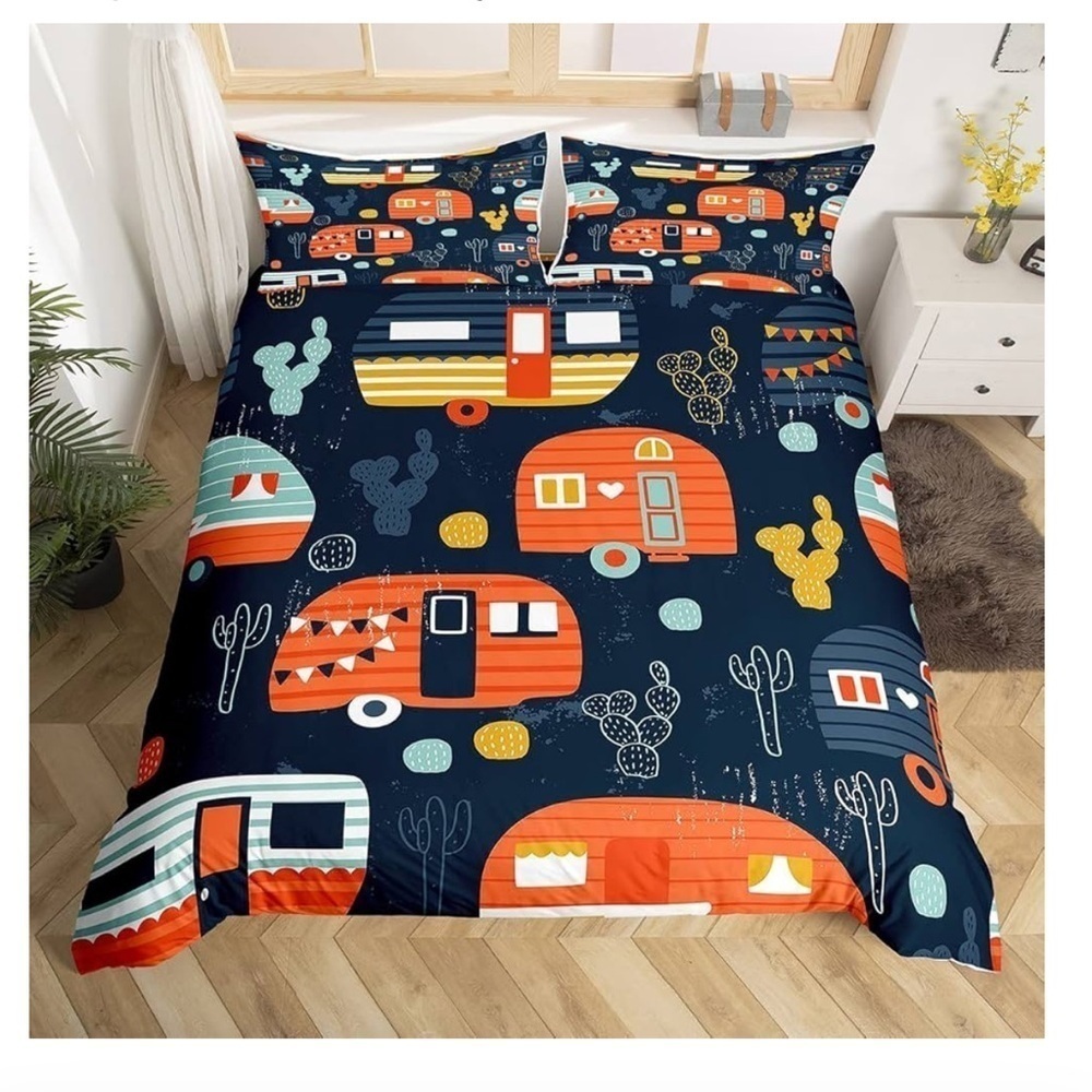 Erosebridal Happy Camper Decor Duvet Cover 3-Piece Bedding Set Full Size NEW